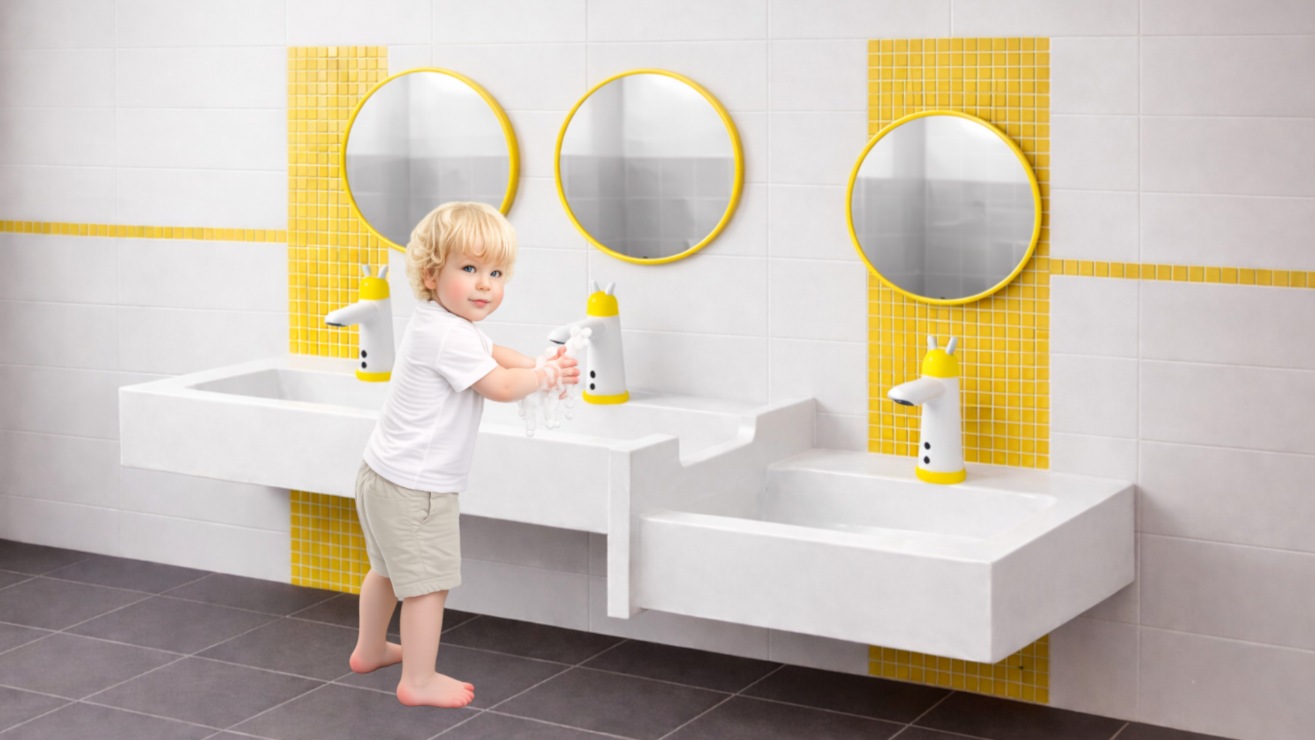 Umywalka rynnowa dla dzieci trzystanowiska AKC413165 KIDS 2LG1PD 1625x450x300 - obrazek 3