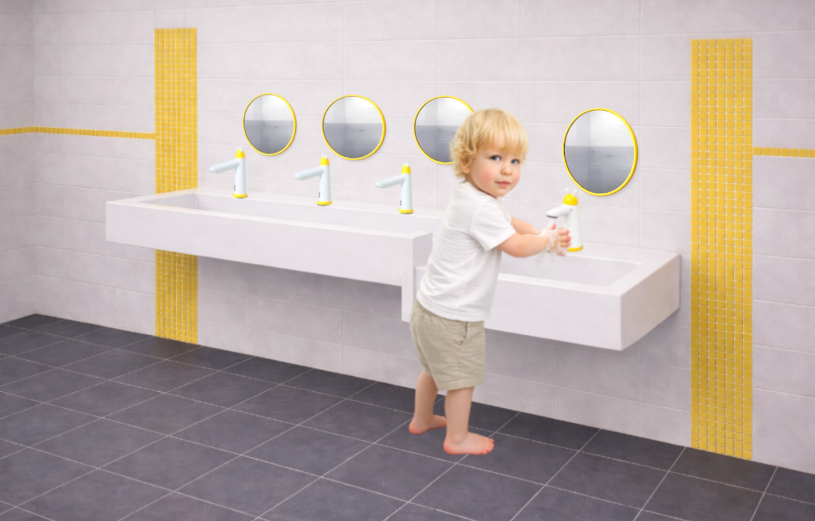 Umywalka rynnowa dla dzieci czterostanowiskowa AKC413169KIDS 3LG1PD 1925x450x300 - obrazek 3