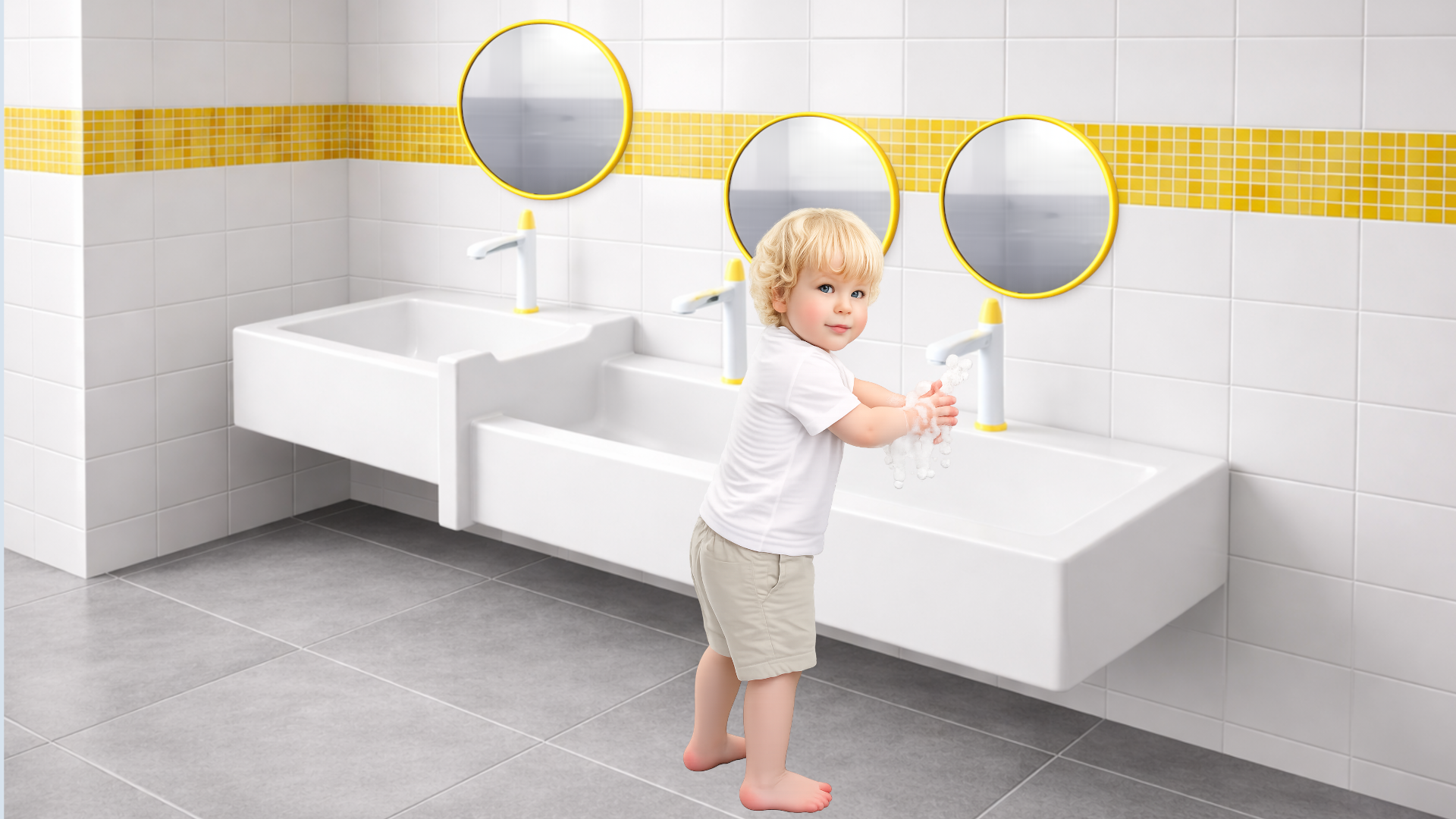 Umywalka rynnowa dla dzieci trzystanowiskowa AKC413163KIDS 1LG2PD 1625x450x300 - obrazek 3