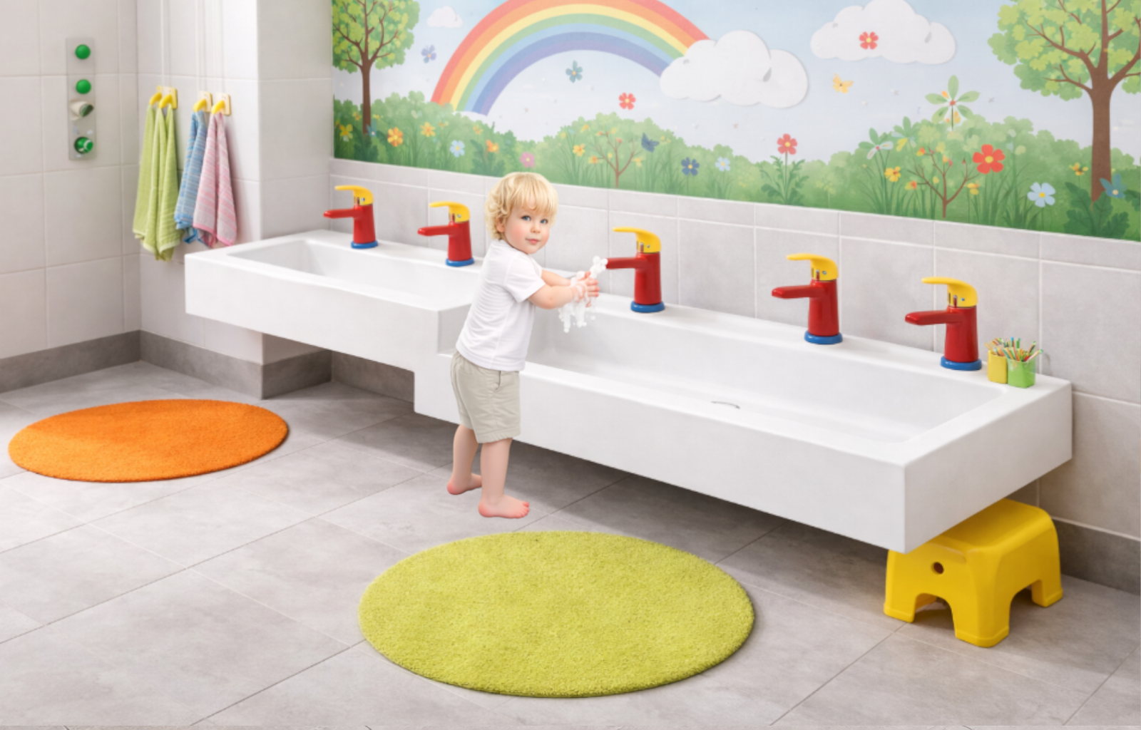 Umywalka rynnowa dla dzieci pięciostanowiskowa AKC413173KIDS 2LG3PD 2225x450x300 - obrazek 3